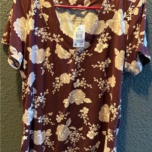 Vanity Maroon and Cream Floral Short Sleeve Top